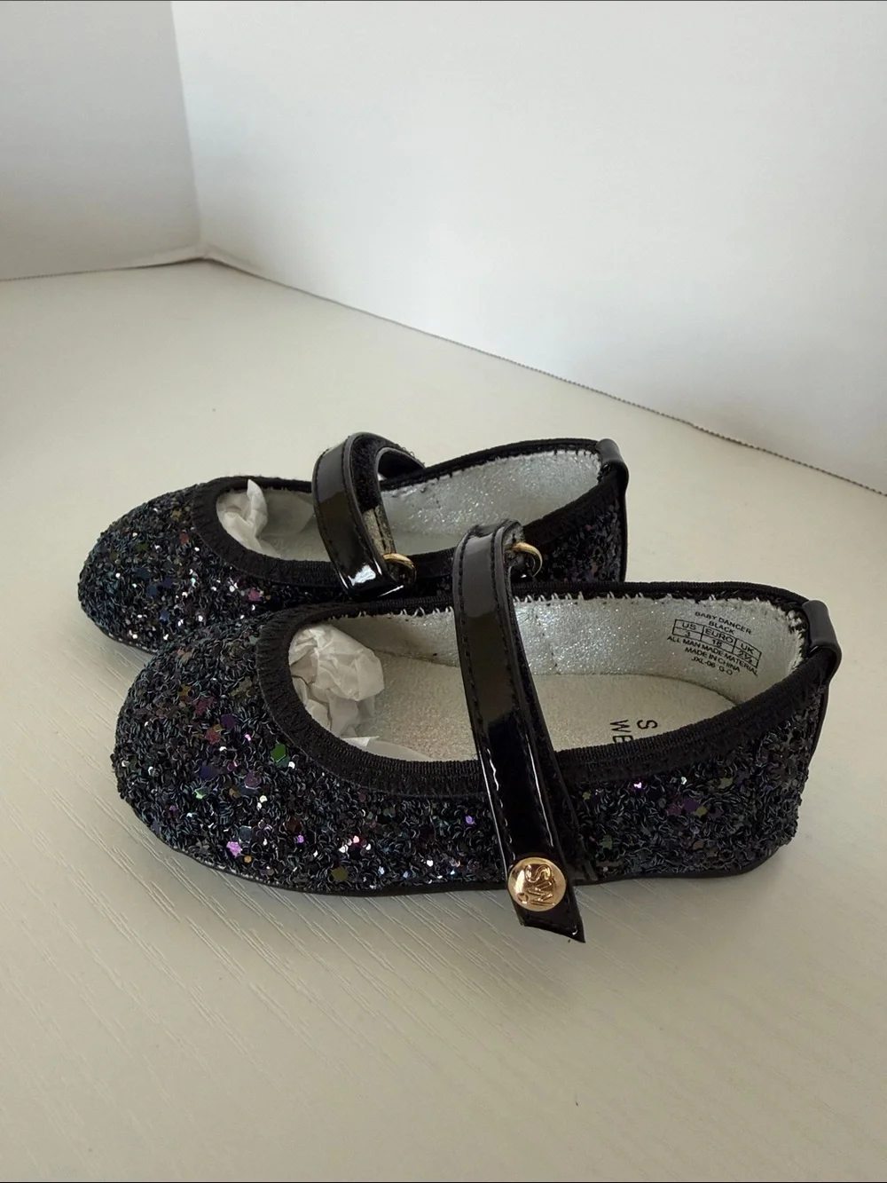 Stuart Weitzman Baby Dancer NEW! Black Sparkle Mary Jane with Gold Accent size 3